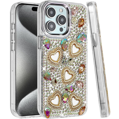 Phone Case for iPhone 15 Pro (6.1") Luxury Crystal Heart Rhinestone Diamond Bling Shockproof Hybrid Glitter Protective Stylish Durable Grip Cover