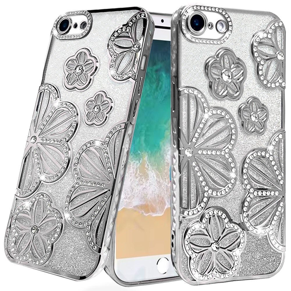 For Samsung Galaxy A26 Luxury Flower Design Sparkle Glitter Diamond Rhinestone Shimmer Bling Plating Thick TPU Hard PC Case Cover Flower Silver