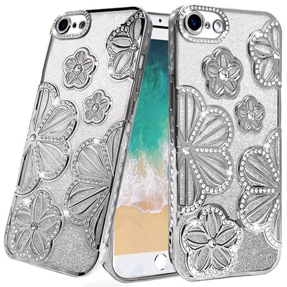 Luxury Flower Design Sparkle Glitter Diamond Rhinestone Shimmer Bling Plating Thick TPU Hard PC