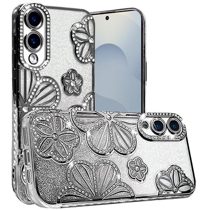 For Samsung Galaxy S25 Edge Luxury Flower Design Sparkle Glitter Diamond Rhinestone Shimmer Bling Plating Thick TPU Hard PC Case Cover