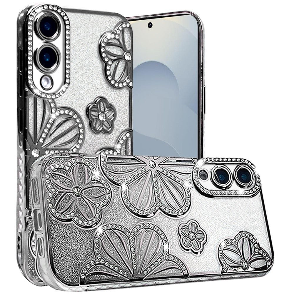 For Samsung Galaxy S25 Edge Luxury Flower Design Sparkle Glitter Diamond Rhinestone Shimmer Bling Plating Thick TPU Hard PC Case Cover