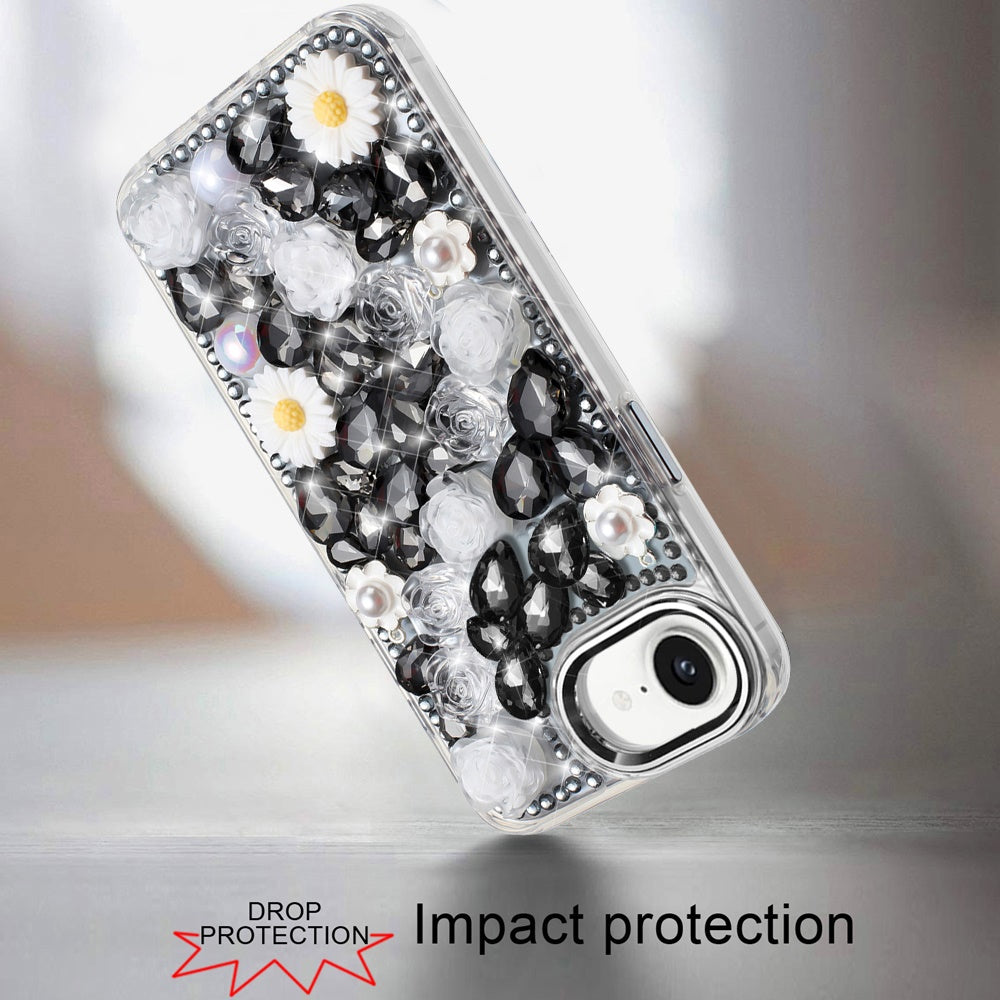 For Apple iPhone 17E /16E Fashion Daisy Floral Series, Full 3D Bling Crystal Diamonds Sparkling Rhinestone Glitter Hybrid Design Case Cover