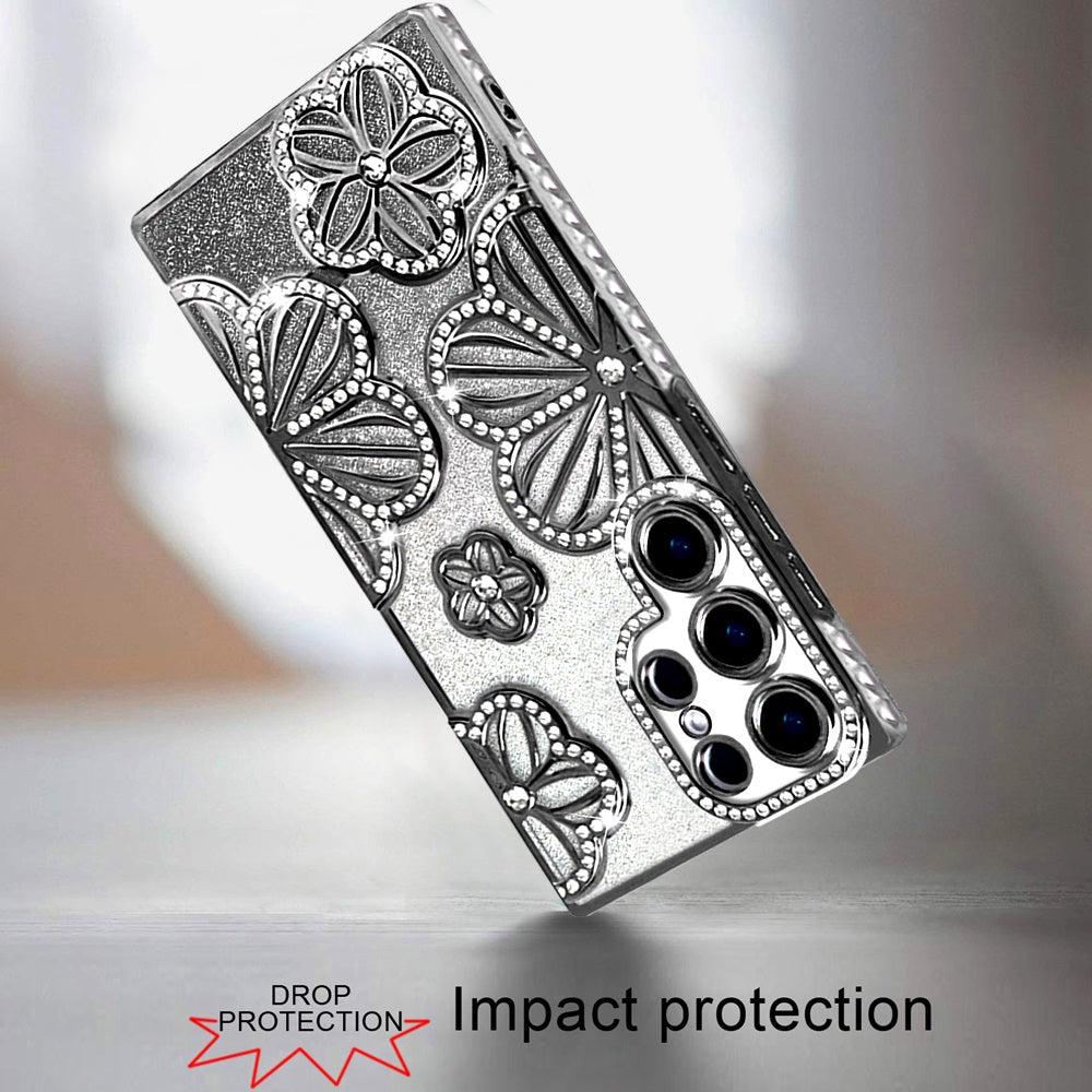For Samsung Galaxy S26 Ultra Luxury Flower Design Sparkle Glitter Diamond Rhinestone Shimmer Bling Plating Thick TPU Hard PC Case Cover