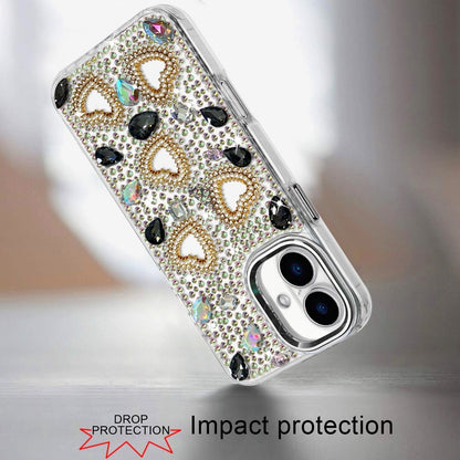 Phone Case for Apple iPhone 16 Plus Luxury Crystal Heart Rhinestone Diamond Bling Shockproof Hybrid Glitter Protective Stylish Durable Grip Cover