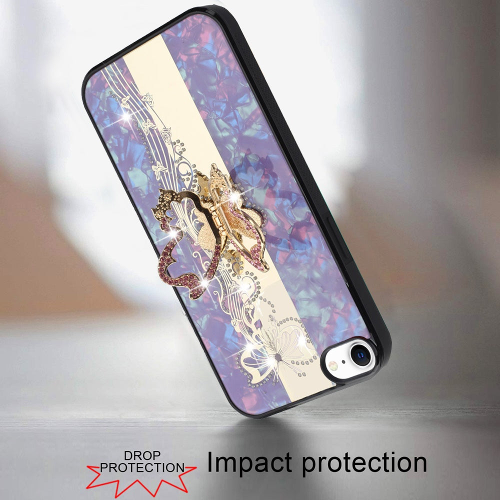 For Apple iPhone SE 4 Diamonds 3D Butterfly Bling Sparkly Glitter Ornaments Engraving Hybrid with Stand Fashion Case Cover Enchanted Butterfly Purple