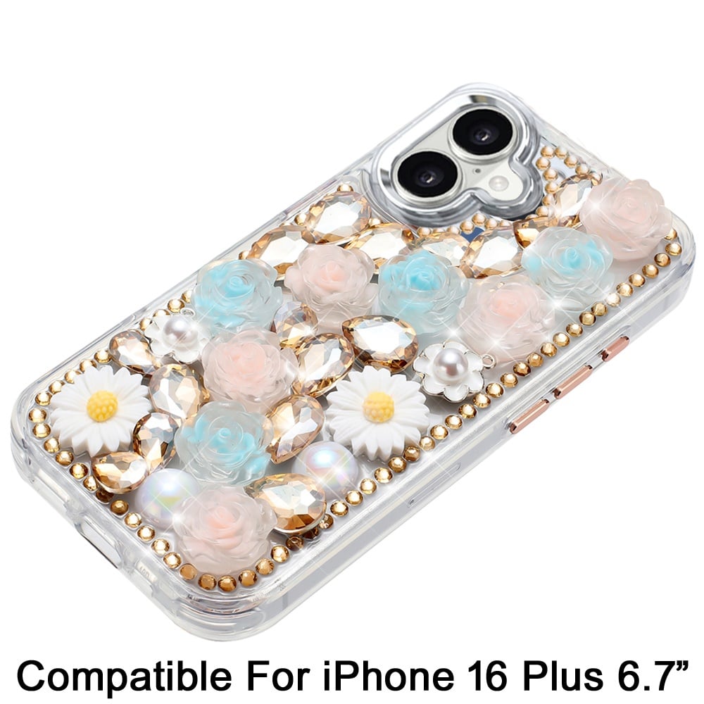 Phone Case for Apple iPhone 16 Plus Full Bling Rhinestone Glitter Floral Luxury Hybrid Shockproof Stylish Sparkling Protective Designer Ornament Cover