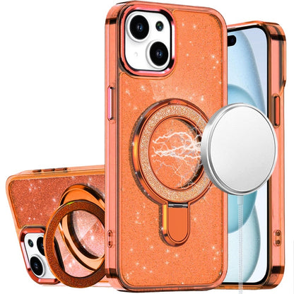 For iPhone 15 (6.1") Transparent Glitter Bling Case with Rotating Magnetic Ring Stand, Shockproof Hybrid Case Cover Cosmic Orange