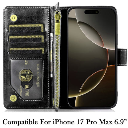 For Apple iPhone 17 Pro Max (6.9") Leather Wallet Case with Zipper, 9 Card Slots, Cash Pocket, Stand & Strap, Clutch Pouch Design Case Cover