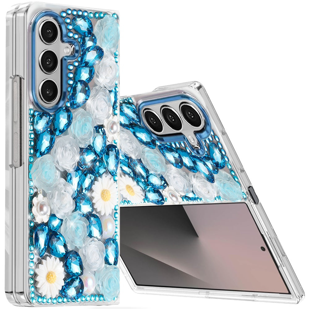 For Samsung Galaxy Z Fold 7 Fashion Daisy Floral Series, Full 3D Bling Crystal Diamonds Sparkling Rhinestone Glitter Hybrid Design Case Cover