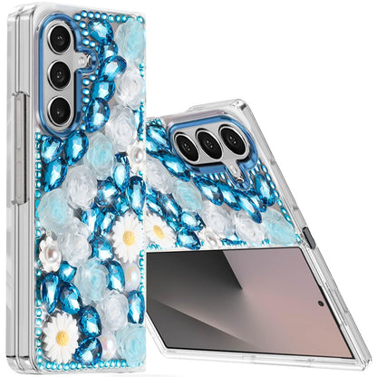 For Samsung Galaxy Z Fold 7 Fashion Daisy Floral Series, Full 3D Bling Crystal Diamonds Sparkling Rhinestone Glitter Hybrid Design Case Cover