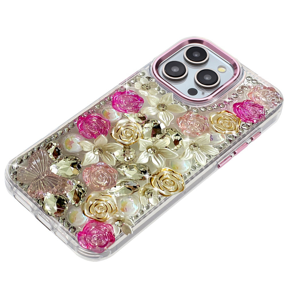 Phone Case for iPhone 15 Pro (6.1") Luxury Rose Bling Rhinestone Glitter Floral Hybrid Shockproof Stylish Protective Designer Ornament Sparkle Cover Pink