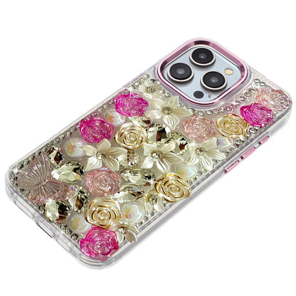 Phone Case for iPhone 15 Pro (6.1") Luxury Rose Bling Rhinestone Glitter Floral Hybrid Shockproof Stylish Protective Designer Ornament Sparkle Cover Pink