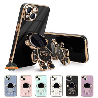 For Apple iPhone 15 Pro (6.1") Astronaut Hidden Stand Holder Plating Hybrid Electroplated Bumper Shockproof Armor  Phone Case Cover