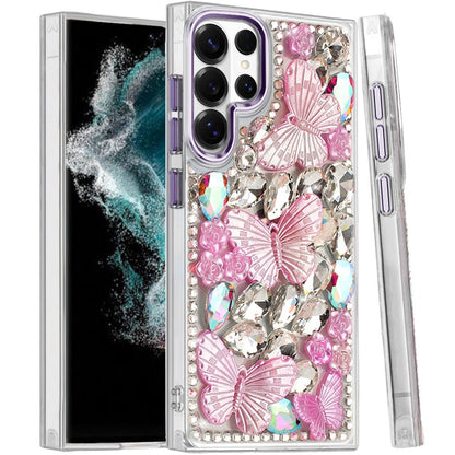 Phone Case for Galaxy S22 Ultra Luxury 3D Floral Butterfly Bling Rhinestone Glitter Shockproof Stylish Protective Hybrid Designer Metallic Cover Purple