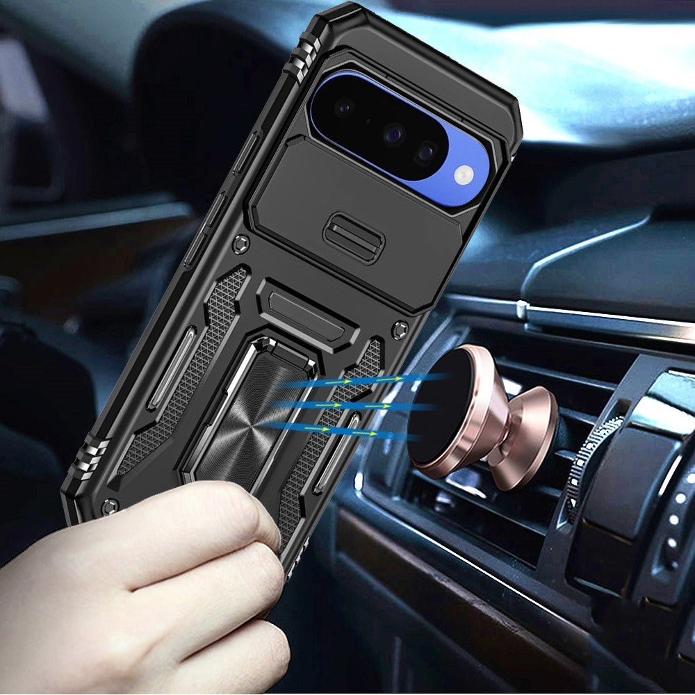 Phone Case for Google Pixel 11 / 11 Pro Tough Metal Ring Shockproof Sliding Camera Window Hybrid Armor Rugged Anti Slip Heavy Duty Grip Cover