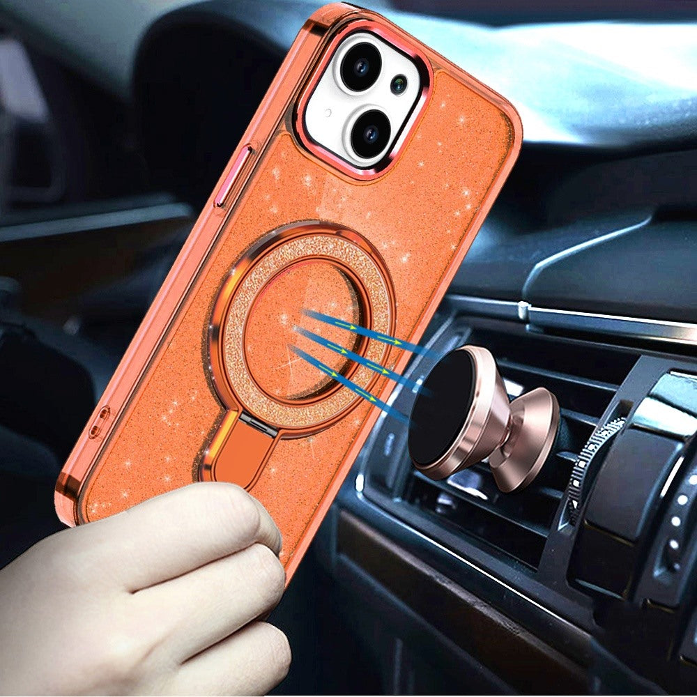 For iPhone 15 (6.1") Transparent Glitter Bling Case with Rotating Magnetic Ring Stand, Shockproof Hybrid Case Cover Cosmic Orange
