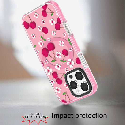 Phone Case for Apple iPhone 16 Pro Max Magnetic Hybrid IMD Floral Compatible with MagSafe Shockproof Slim Hybrid Fashion Design TPU Protective Cover Cherry Sprinkle on Pink