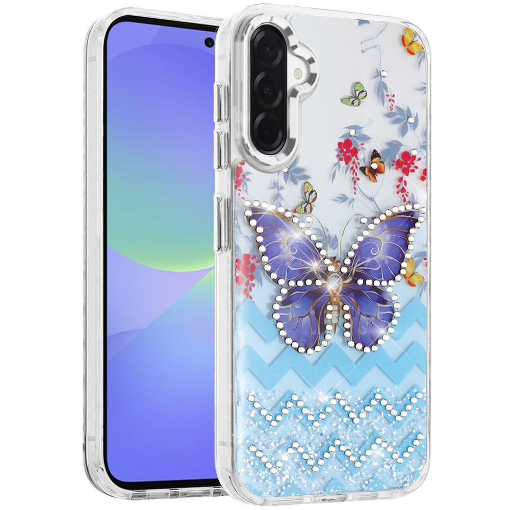 For Samsung Galaxy A36 Butterfly Resin Epoxy Diamond Design Metal Edged Hybrid Shockproof Heavy Duty Drop Protection Case Cover