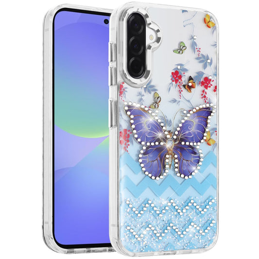 For Samsung Galaxy A36 Butterfly Resin Epoxy Diamond Design Metal Edged Hybrid Shockproof Heavy Duty Drop Protection Case Cover