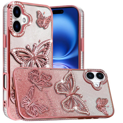 For Apple iPhone 17 (6.3") Luxury Butterfly Sparkle Glitter Diamond Crystal Rhinestone Shimmer Bling Plating Thick TPU Hard PC Case Cover