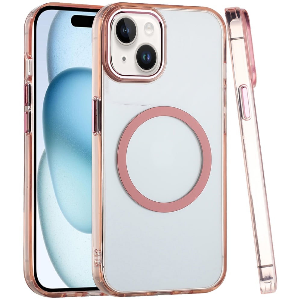 Phone Case for Apple iPhone 15 Plus Magnetic Clear Acrylic Metal Button Camera Guard Shockproof Transparent Slim Grip Premium Hybrid Cover Gold