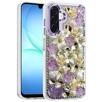 For Samsung Galaxy A17 5G 3D Diamond Floral Roses Flower Bling Stone Hybrid, Sparkly Rhinestone Gemstone Back Shockproof Case Cover