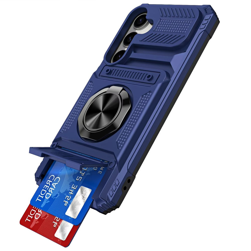 Phone Case for Samsung Galaxy A57 Multi Functional Card Slot Shockproof Metal Ring Hybrid Wallet Rugged Protective Grip Heavy Duty Durable Cover Blue