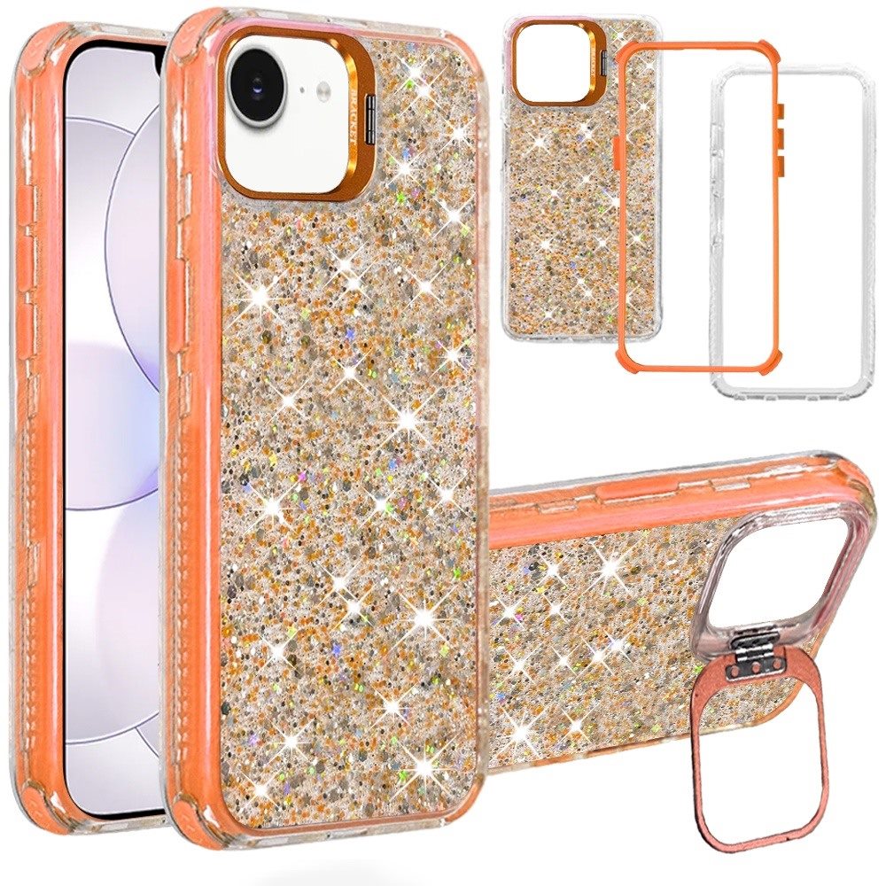 Phone Case for Apple iPhone 17E / iPhone 16E Luxury Bling Scattered Glitter Hybrid Dual Layers with Integrated Camera Stand and Sparkle Finish Design Cover