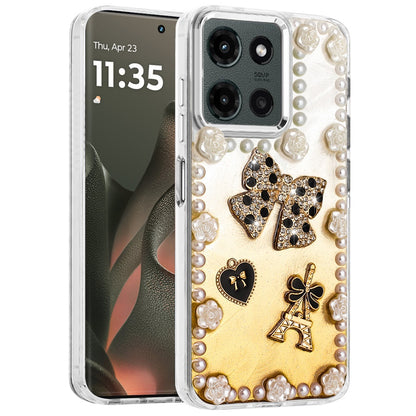 For Motorola Moto G Stylus 5G 2025 Bling Fashion Design with 3D Pearls Epoxy Glitter Ornaments Chrome Edge Hard Slim PC Case Cover