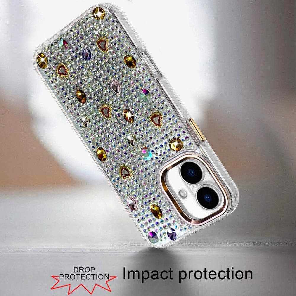 Phone Case for Apple iPhone 16 Chrome Fashion Hybrid Bling Diamond Heart Rhinestone Decorative Stones Sparkling Embellished Design Cover Gold
