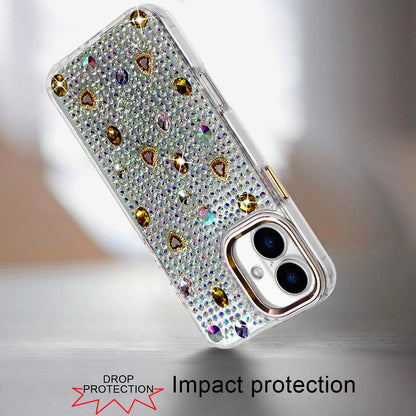 Phone Case for Apple iPhone 16 Chrome Fashion Hybrid Bling Diamond Heart Rhinestone Decorative Stones Sparkling Embellished Design Cover Gold