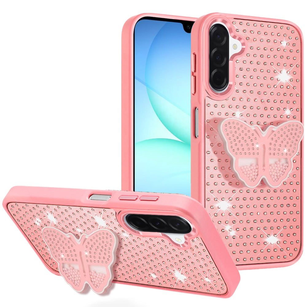 For Samsung Galaxy A17 5G Butterfly Moveable Grip 3D Pop Stand Full Diamond Bling Sparkling TPU Fashion Hybrid Case Cover