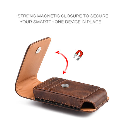 For Apple iPhone 16 (6.1") Universal Vertical Leather Case Holster with Card Slot, Rotation Belt Clip & Magnetic Closure Carrying Phone Pouch [Brown]