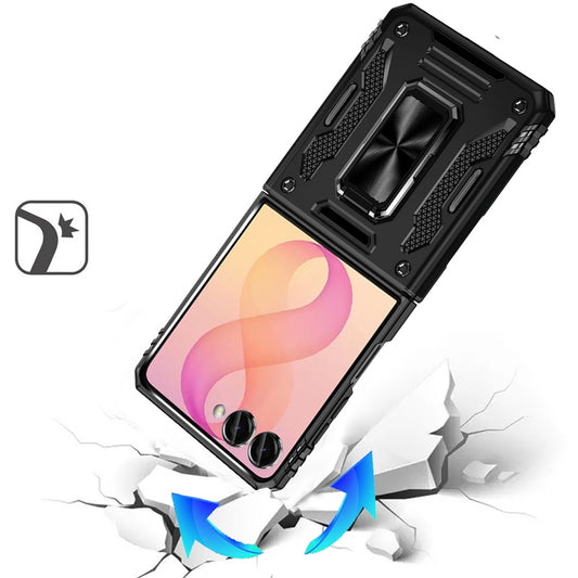 Phone Case for Samsung Galaxy Z Flip 8 Tough Metal Ring Shockproof Sliding Camera Window Hybrid Armor Rugged Anti Slip Heavy Duty Grip Cover