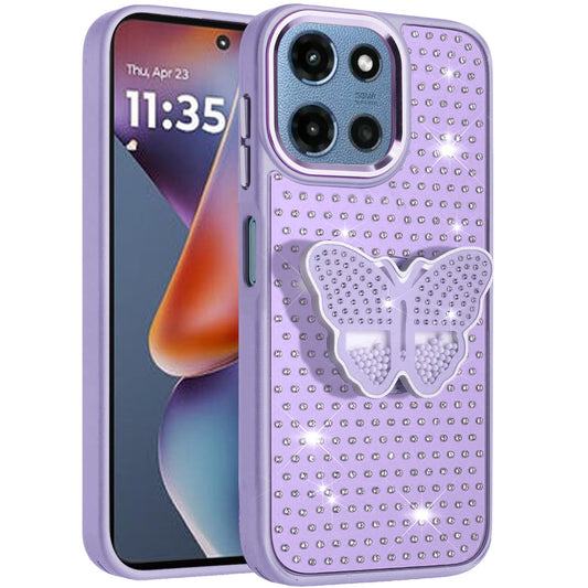 Phone Case for Motorola Moto G Play 5G 2026 Butterfly Grip Pop Stand Diamond Sparkle Hybrid Shockproof Metal Button Slim Protective Grip Decorative Design Cover Purple