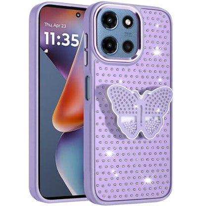 Phone Case for Motorola Moto G 5G 2026/ Moto G 5G 2025 Butterfly Grip Pop Stand Diamond Sparkle Hybrid Shockproof Metal Button Slim Protective Grip Decorative Design Cover Purple