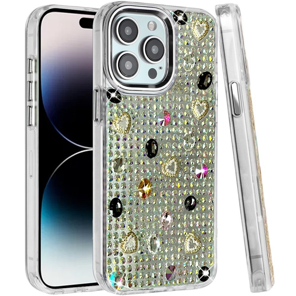 Phone Case for Apple iPhone 14 Pro Max Chrome Fashion Hybrid Bling Diamond Heart Rhinestone Decorative Stones Sparkling Embellished Design Cover