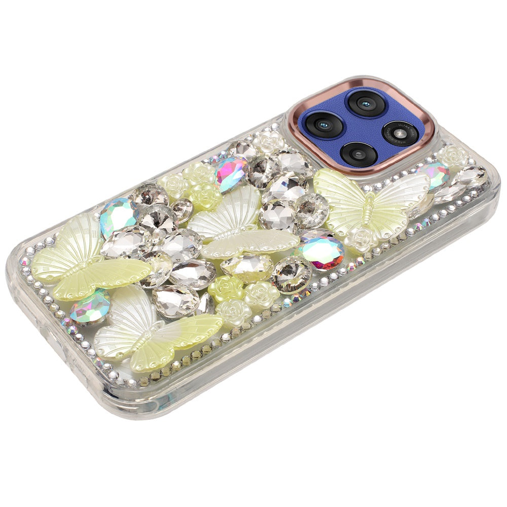For Motorola Moto G Power 5G 2025 3D Diamond Floral Butterfly Bling Stone Hybrid, Sparkly Rhinestone Gemstone Back Shockproof Case Cover