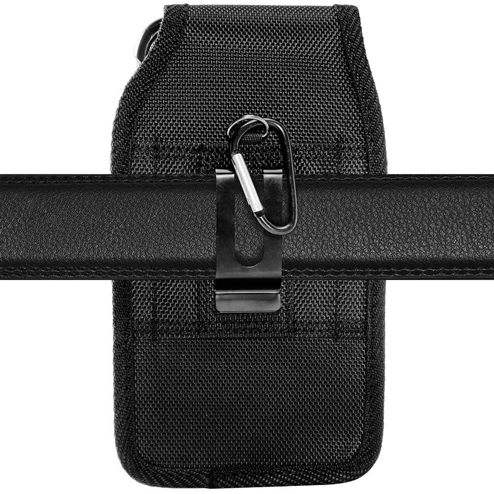 For Apple iPhone 16 Pro (6.3") Universal Pouch Case Vertical Phone Holster Nylon Cover with Front Buckle, Belt Clip Loop & Hook Carabiner [Black]