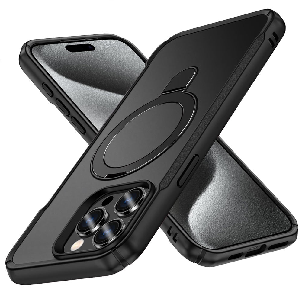 For Apple iPhone 15 Pro Max Matte Finish Magnetic Ring Hybrid Protective Invisible Kickstand Magsafe Compatible Case Cover Black