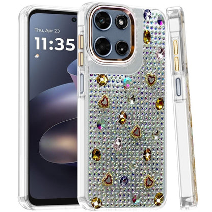 Phone Case for Motorola Moto G Play 5G 2026 Chrome Fashion Hybrid Bling Diamond Heart Rhinestone Decorative Stones Sparkling Embellished Design Cover