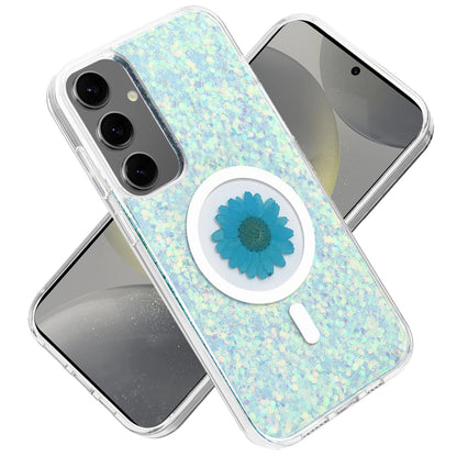 For Apple iPhone 17E /16E MagSafe Compatible Glitter Flower Epoxy Hybrid Slim TPU Case, Magnetic Circle Design, Sparkly Bling Protective Case Cover