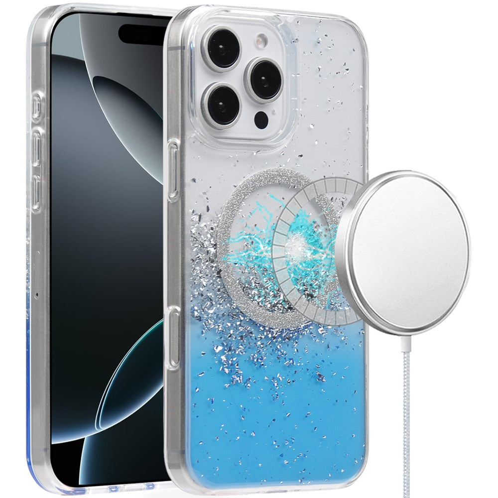 For Apple iPhone 16 (6.1") Premium Transparent Epoxy Glitter Bling Magnetic Circle Compatible with MagSafe Hybrid Sparkle Slim TPU Case Cover