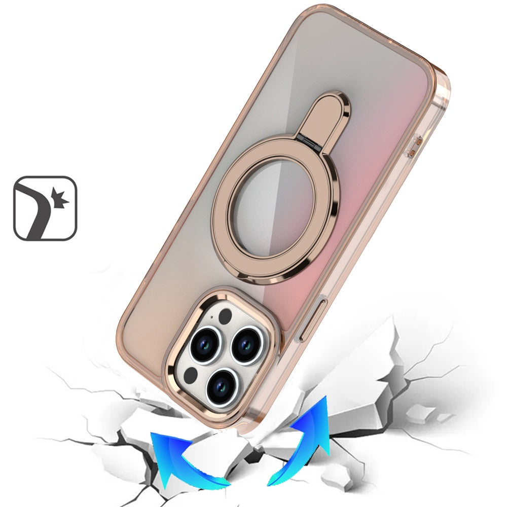 For Apple iPhone 15 Pro Max Chrome Hybrid with Rotating Magnetic Circle Ring Stand, Slim Shockproof Hybrid Case Cover