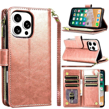 For Samsung Galaxy S25 EDGE Leather Wallet Case with Zipper, 9 Card Slots, Cash Pocket, Stand & Strap, Clutch Pouch Design Case Cover Rose Gold