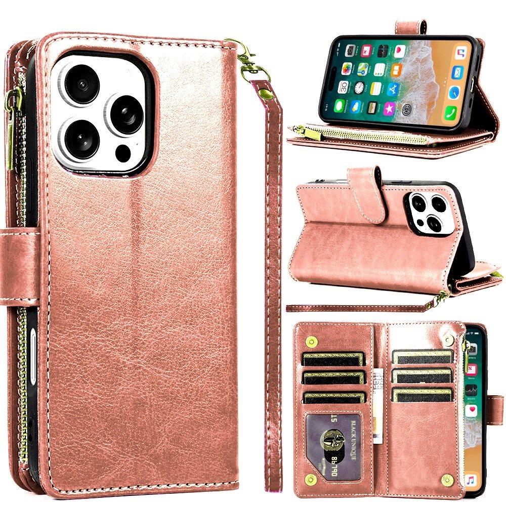 For Samsung Galaxy S25 /S24 Leather Wallet Case with Zipper, 9 Card Slots, Cash Pocket, Stand & Strap, Clutch Pouch Design Case Cover Rose Gold