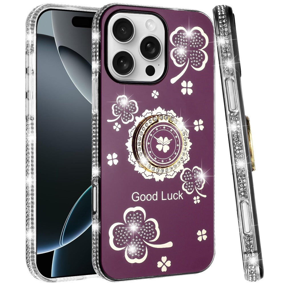 Phone Case for iPhone 16 Pro Max (6.9") Glitter Diamond Ring Stand Sparkle Rhinestone Edge AntiSlip Kickstand Luxury Fashion Bumper Shockproof Cover Red