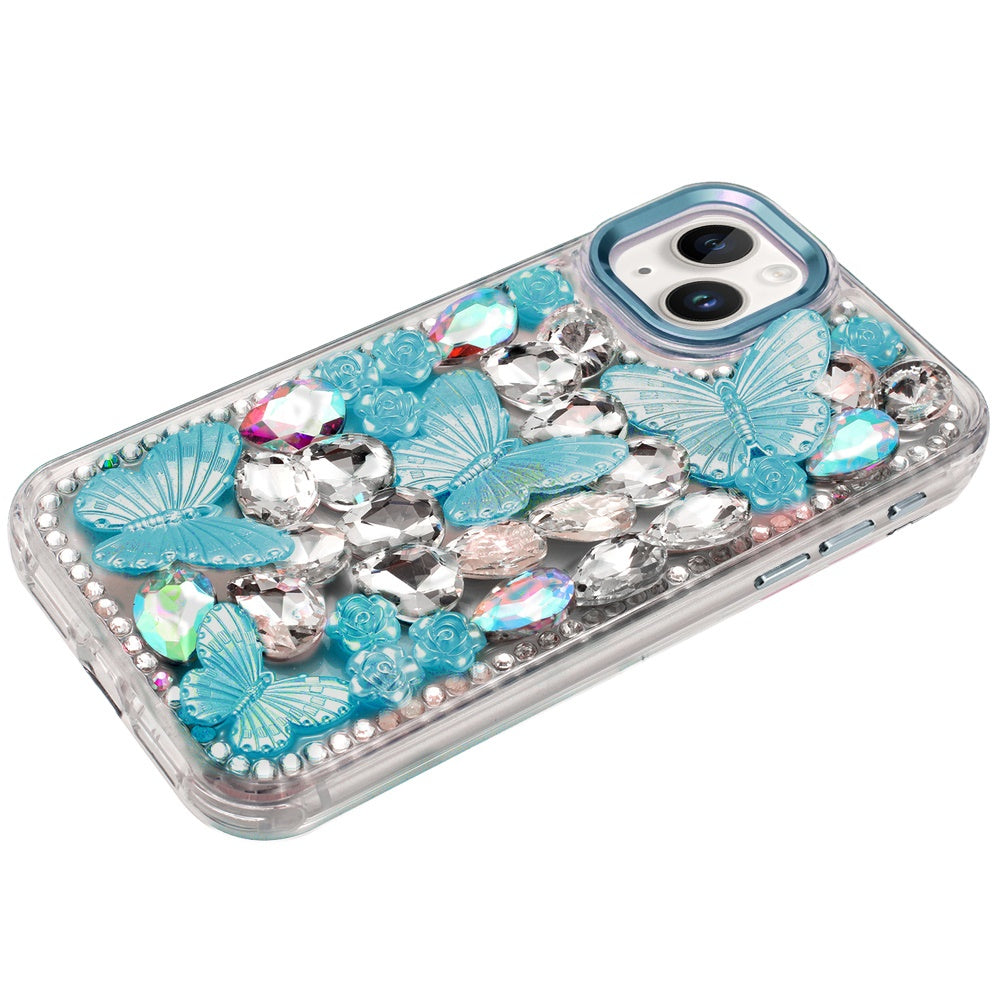 For Apple iPhone 15 3D Diamond Floral Butterfly Bling Stone Hybrid, Sparkly Rhinestone Gemstone Back Shockproof Case Cover