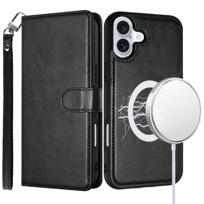 For Apple iPhone 16 (6.1") Deattachable PU Leather Hybrid Wallet Money Credit Card Holder Support Magsafe Charger Case Cover Black