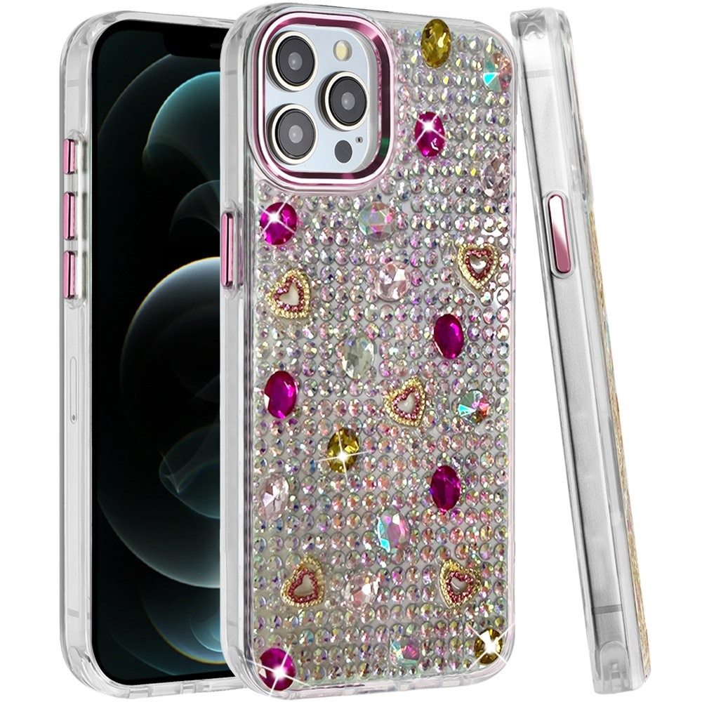 Phone Case for Apple iPhone 12 Pro Max Chrome Fashion Hybrid Bling Diamond Heart Rhinestone Decorative Stones Sparkling Embellished Design Cover